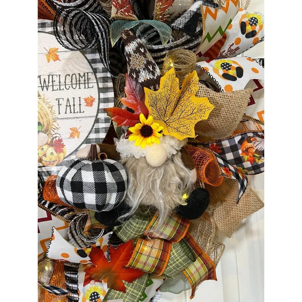 Handmade Autumn Fall Ribbon Wreath Welcome Gnome 22 in’s. Thanksgiving w11